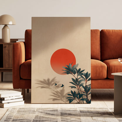 Sunlit Botanical Calm, beige, orange, green nature wall art on canvas displayed in a styled interior, gallery view 1