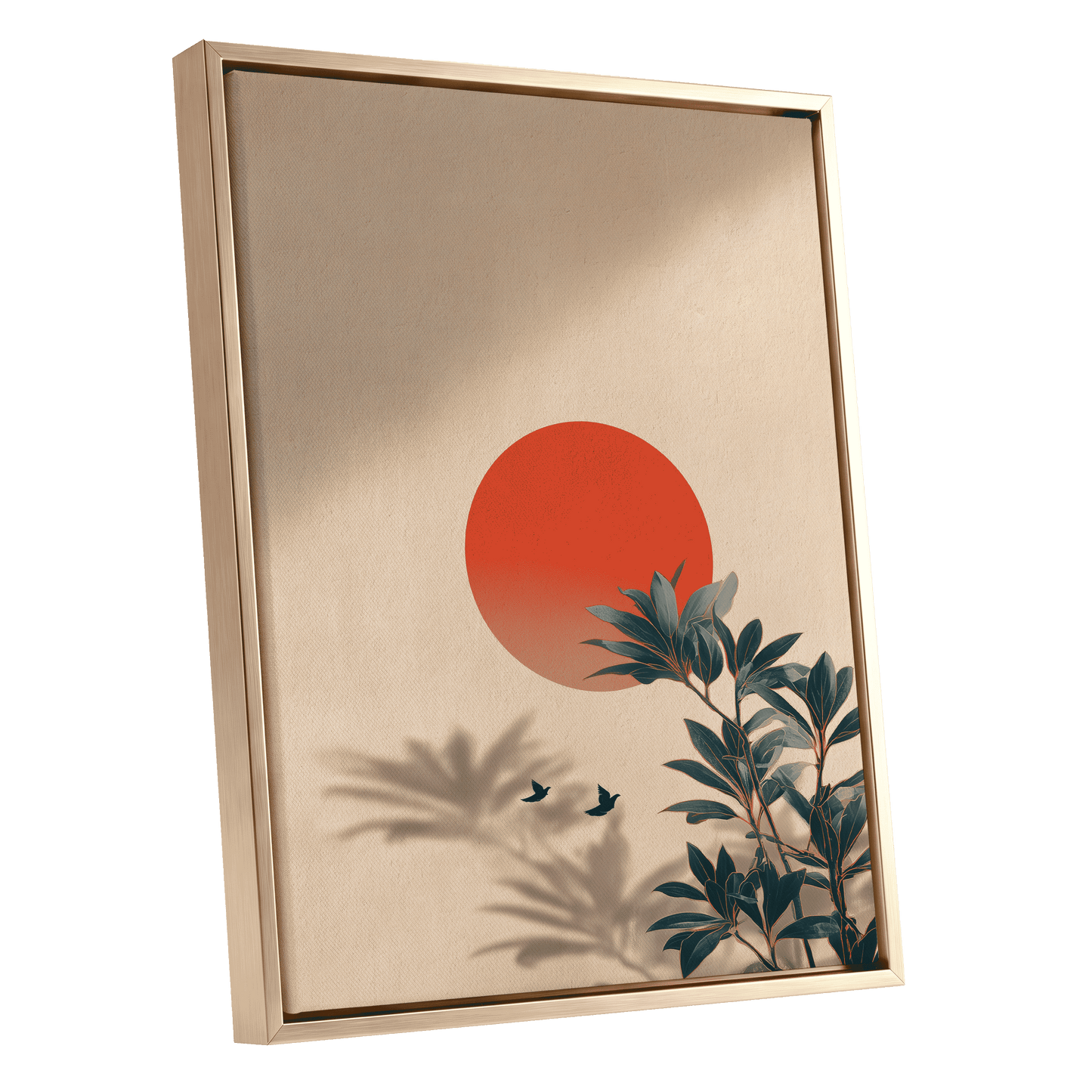 Sunlit Botanical Calm, beige, orange, green nature wall art shown as a gold framed canvas wall art