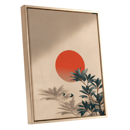 Sunlit Botanical Calm, beige, orange, green nature wall art shown as a gold framed canvas wall art