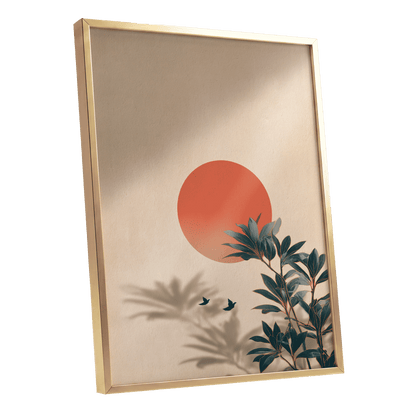 Sunlit Botanical Calm, beige, orange, green nature wall art shown as a gold framed poster wall art print