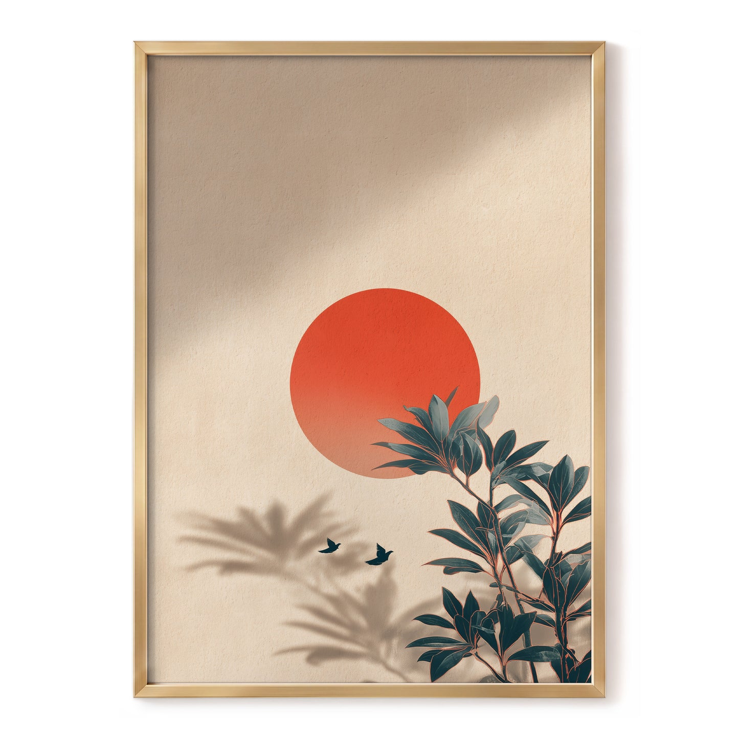 Sunlit Botanical Calm, beige, orange, green nature wall art, front artwork view