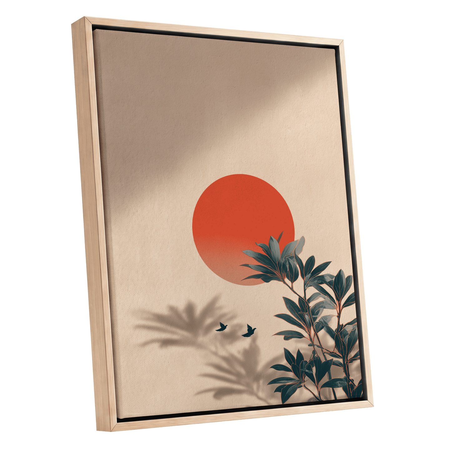 Sunlit Botanical Calm, beige, orange, green nature wall art shown as a oak framed canvas wall art