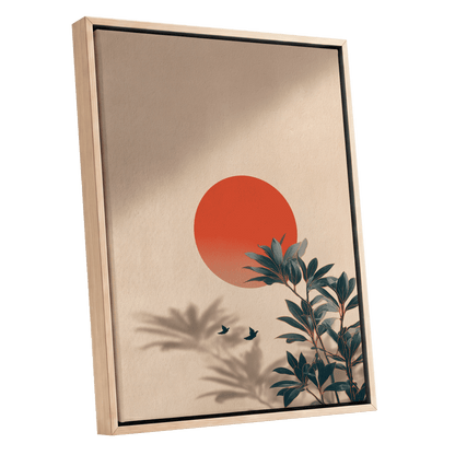 Sunlit Botanical Calm, beige, orange, green nature wall art shown as a oak framed canvas wall art