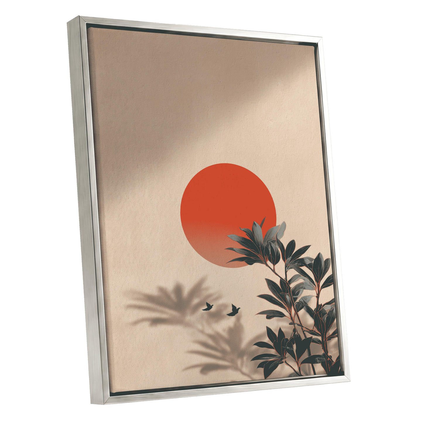 Sunlit Botanical Calm, beige, orange, green nature wall art shown as a silver framed canvas wall art