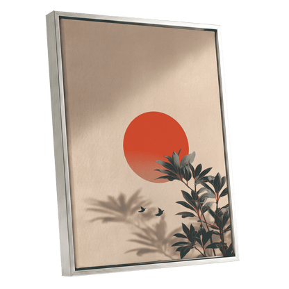 Sunlit Botanical Calm, beige, orange, green nature wall art shown as a silver framed canvas wall art