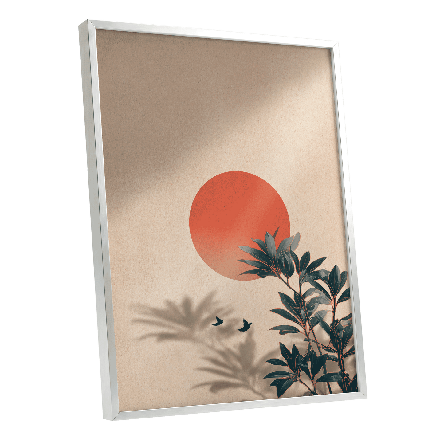 Sunlit Botanical Calm, beige, orange, green nature wall art shown as a silver framed poster wall art print