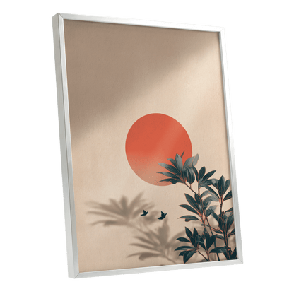 Sunlit Botanical Calm, beige, orange, green nature wall art shown as a silver framed poster wall art print
