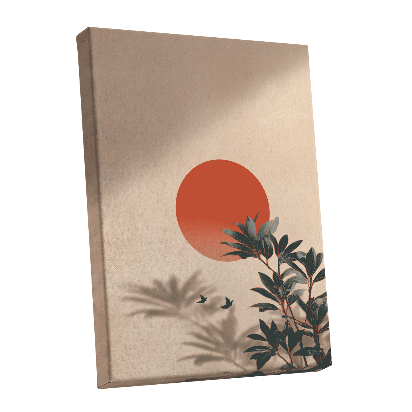 Sunlit Botanical Calm, beige, orange, green nature wall art shown as a stretched canvas wall art