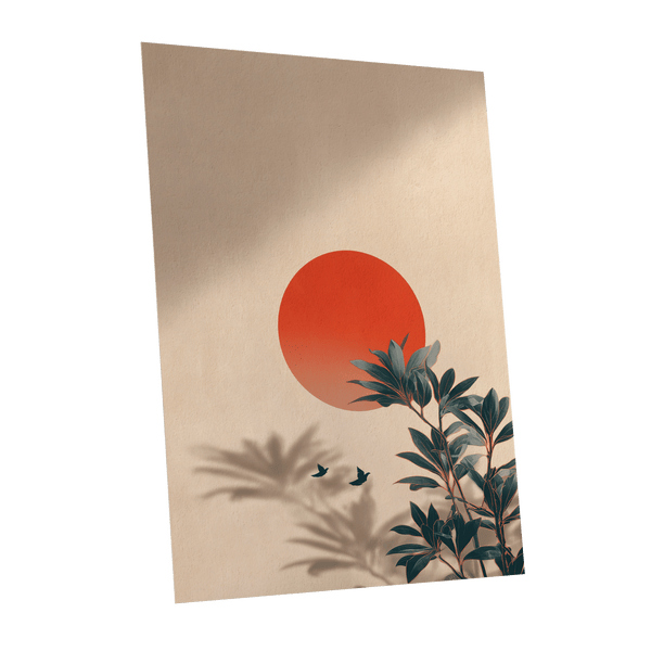 Sunlit Botanical Calm, beige, orange, green nature wall art shown as a unframed poster wall art print