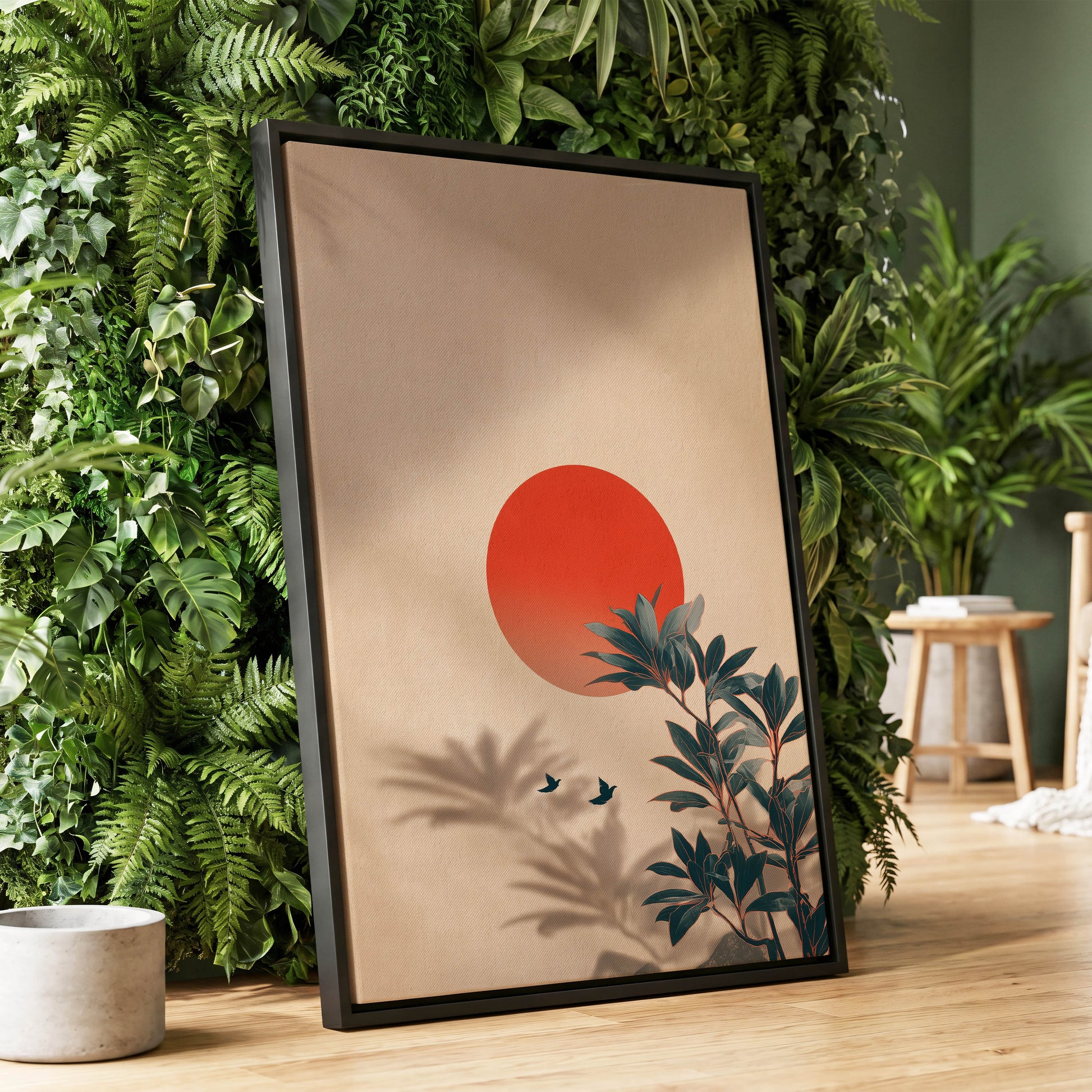 Sunlit Botanical Calm, beige, orange, green nature wall art displayed in a styled interior, gallery view 1