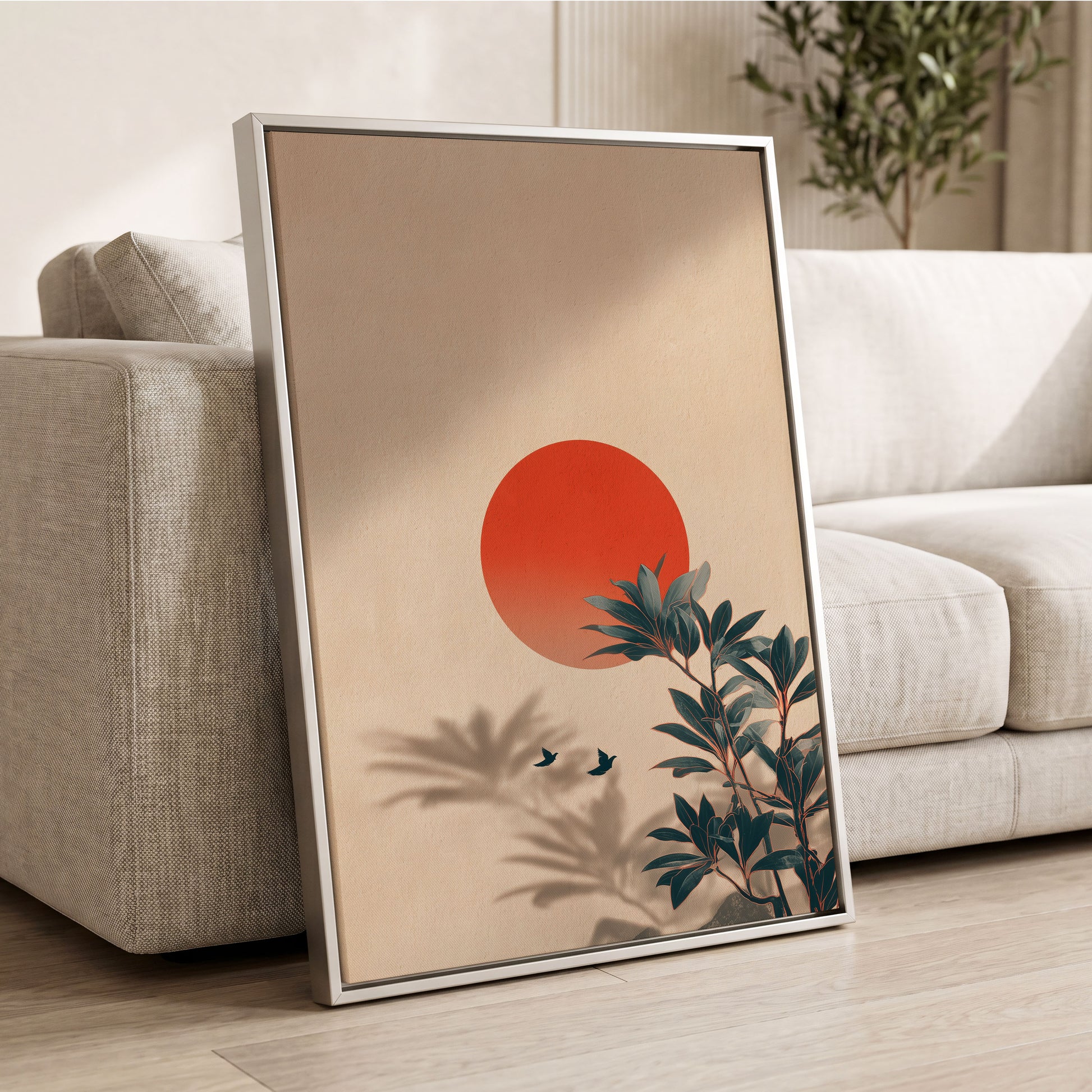 Sunlit Botanical Calm, beige, orange, green nature wall art displayed in a styled interior, gallery view 2