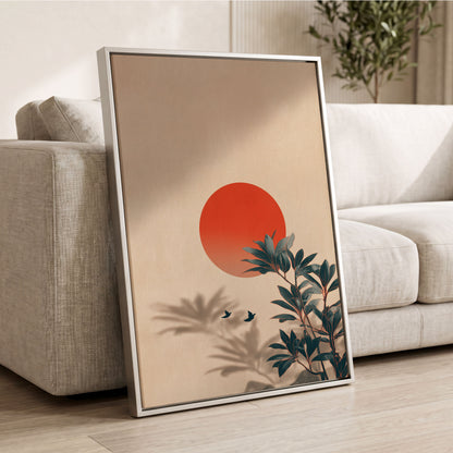 Sunlit Botanical Calm, beige, orange, green nature wall art displayed in a styled interior, gallery view 2