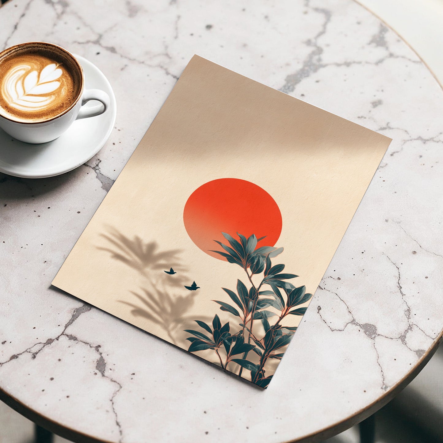 Sunlit Botanical Calm, beige, orange, green nature wall art displayed in a styled interior, gallery view 3