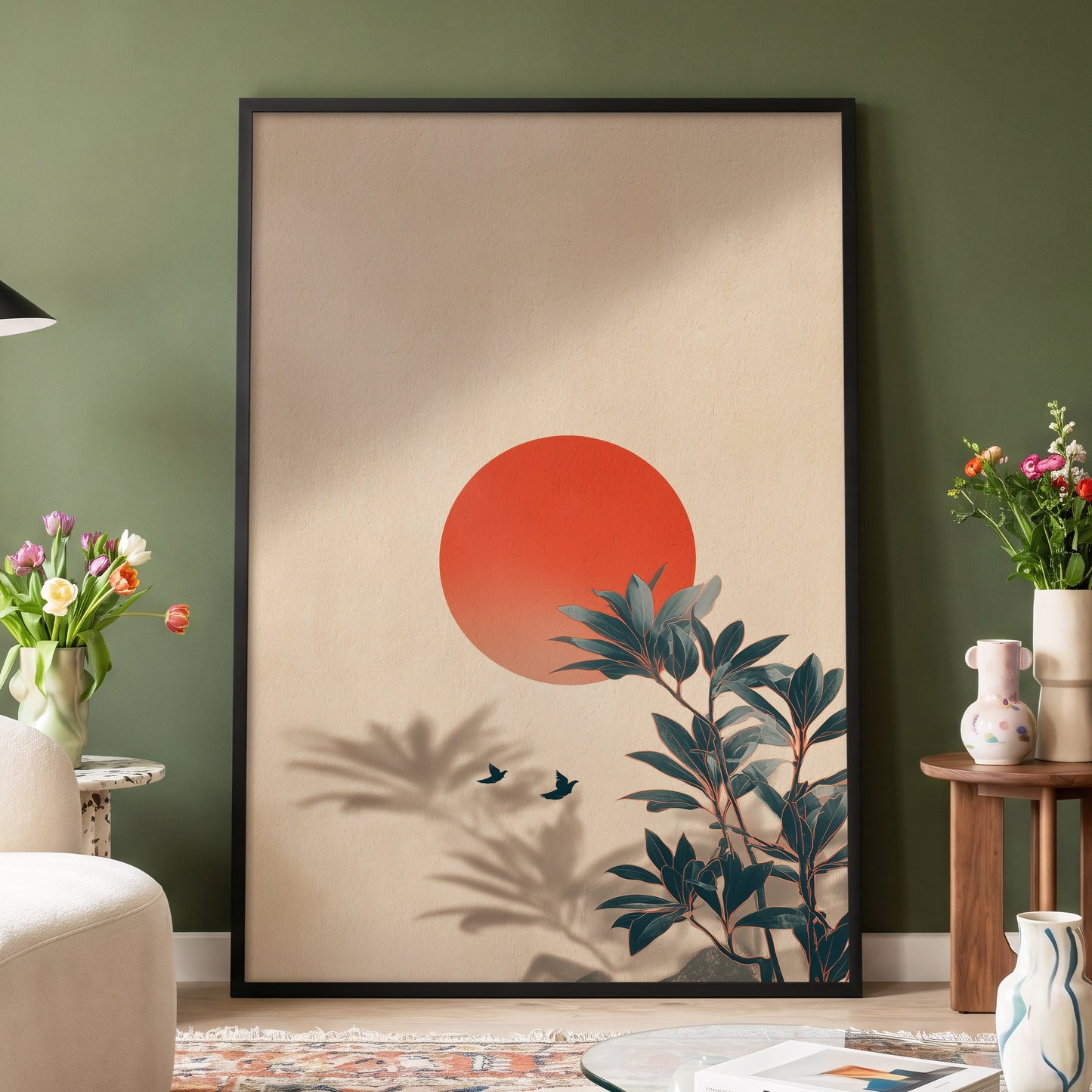 Sunlit Botanical Calm, beige, orange, green nature wall art displayed in a styled interior, gallery view 4