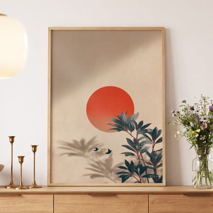 Sunlit Botanical Calm, beige, orange, green nature wall art displayed in a styled interior, gallery view 5