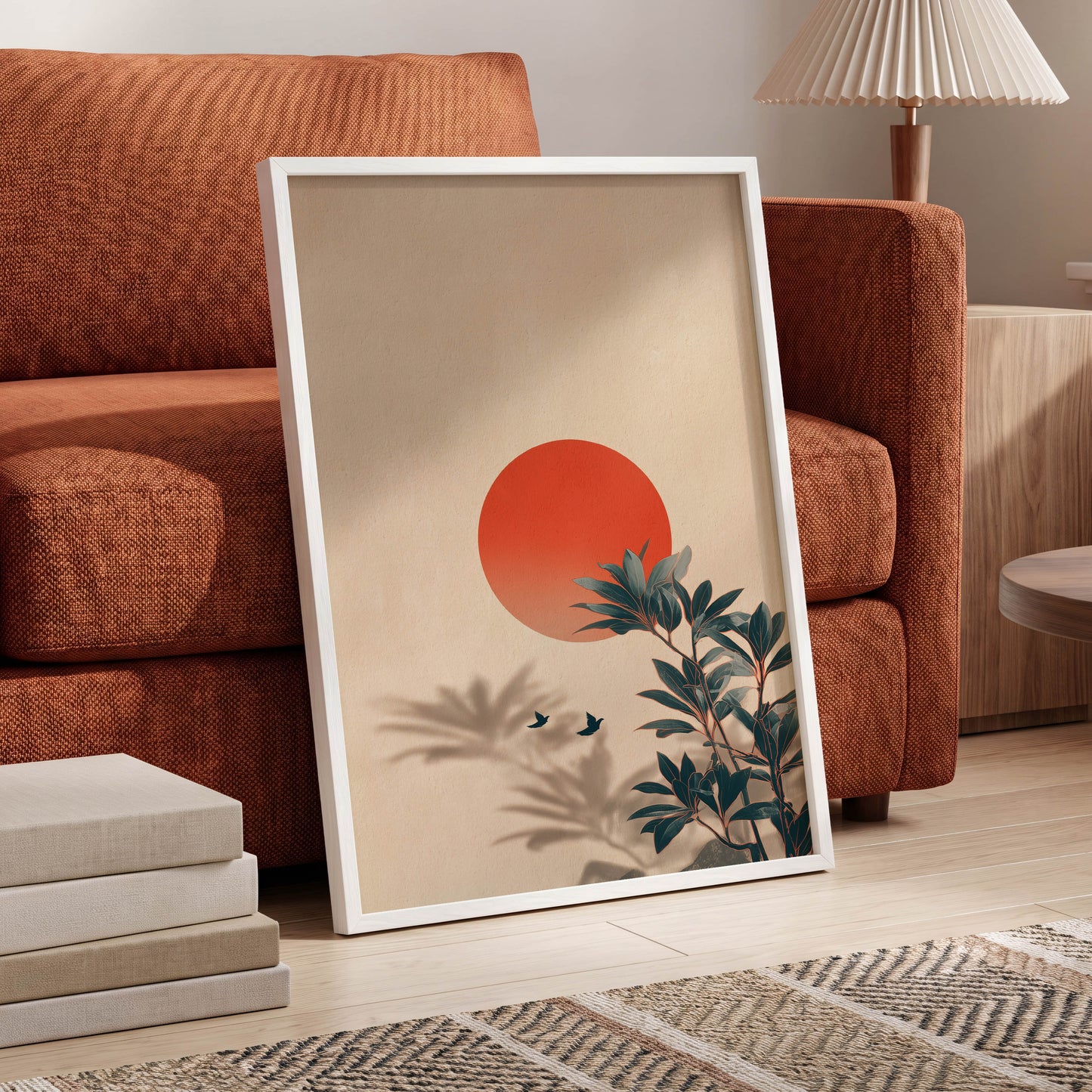 Sunlit Botanical Calm, beige, orange, green nature wall art displayed in a styled interior, gallery view 6