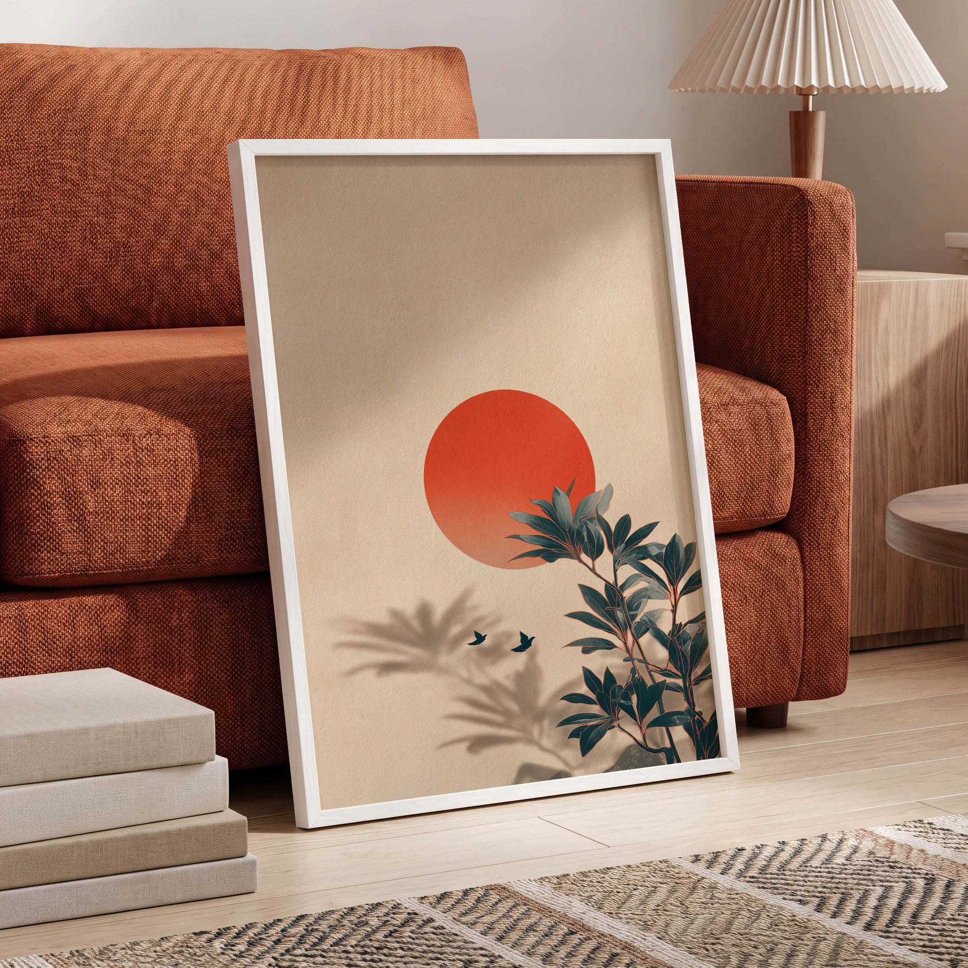 Sunlit Botanical Calm, beige, orange, green nature wall art displayed in a styled interior, gallery view 6