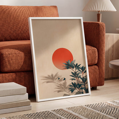 Sunlit Botanical Calm, beige, orange, green nature wall art displayed in a styled interior, gallery view 6