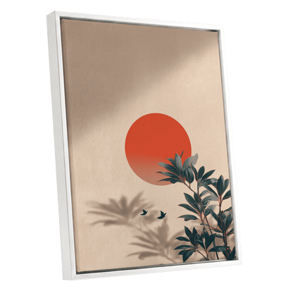 Sunlit Botanical Calm, beige, orange, green nature wall art shown as a white framed canvas wall art