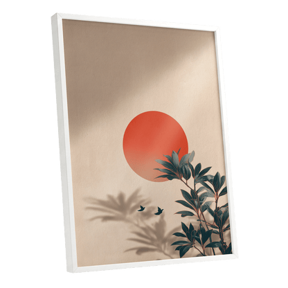 Sunlit Botanical Calm, beige, orange, green nature wall art shown as a white framed poster wall art print