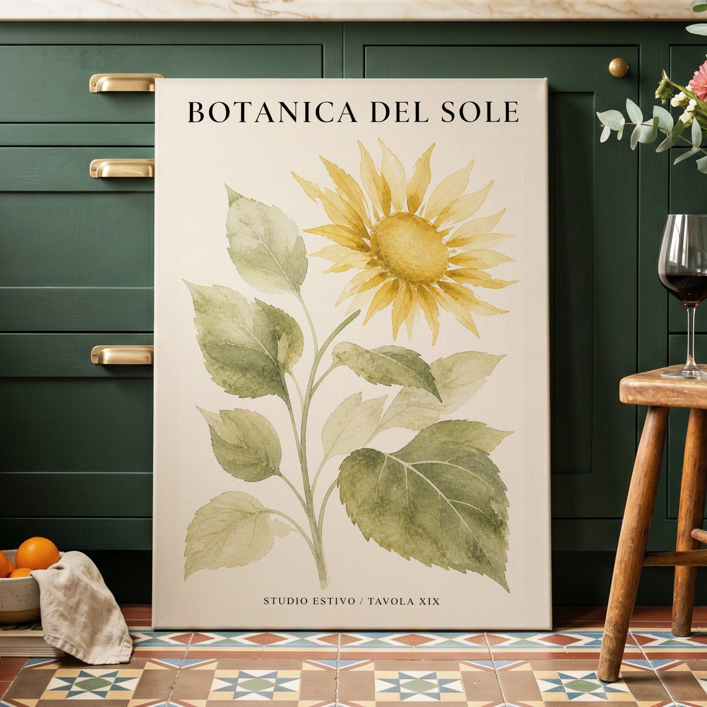Sunlit Botanical, gold, green, beige floral wall art on canvas displayed in a styled interior, gallery view 1