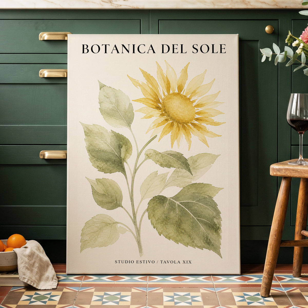 Sunlit Botanical, gold, green, beige floral wall art on canvas displayed in a styled interior, gallery view 1