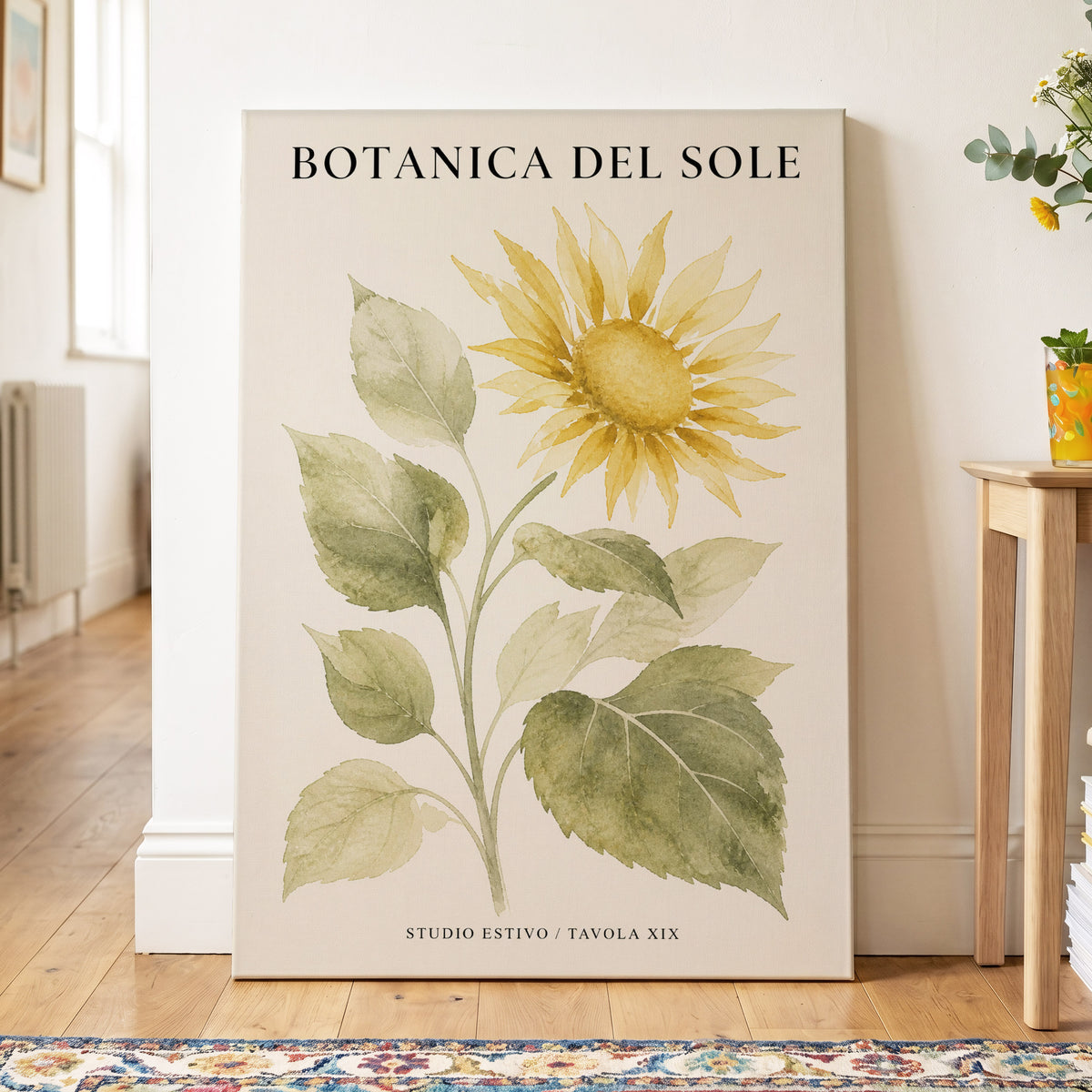 Sunlit Botanical, gold, green, beige floral wall art on canvas displayed in a styled interior, gallery view 2