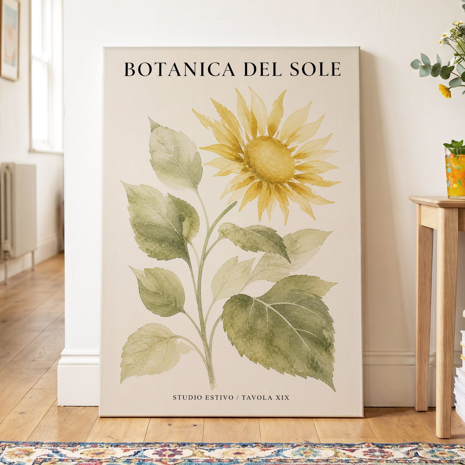 Sunlit Botanical, gold, green, beige floral wall art on canvas displayed in a styled interior, gallery view 2