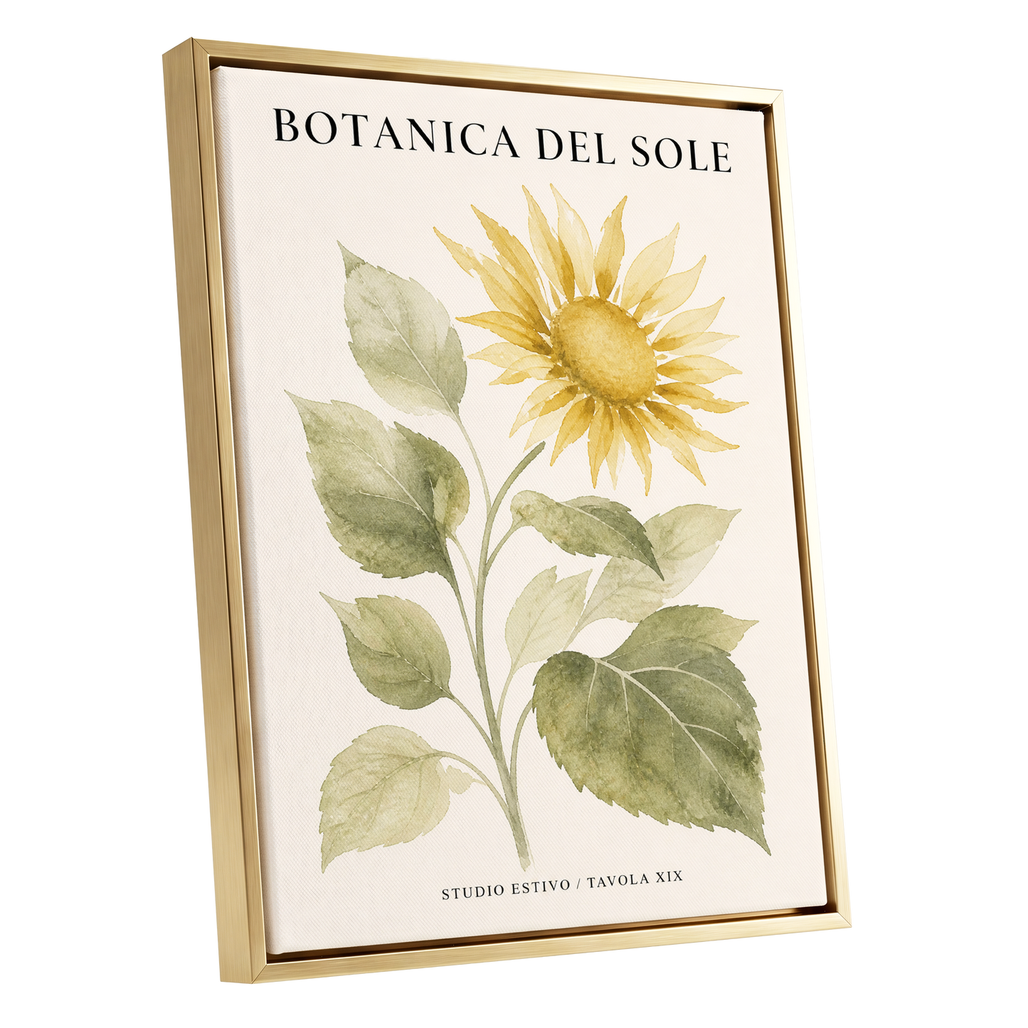 Sunlit Botanical, gold, green, beige floral wall art shown as a gold framed canvas wall art