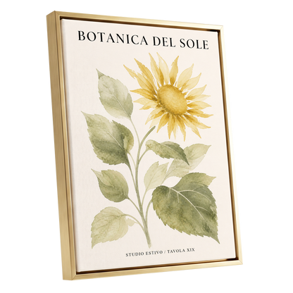 Sunlit Botanical, gold, green, beige floral wall art shown as a gold framed canvas wall art