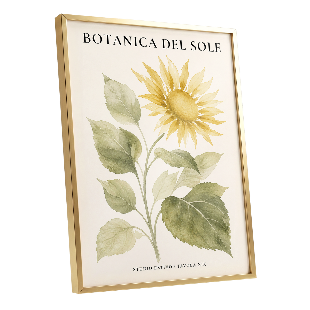 Sunlit Botanical, gold, green, beige floral wall art shown as a gold framed poster wall art print