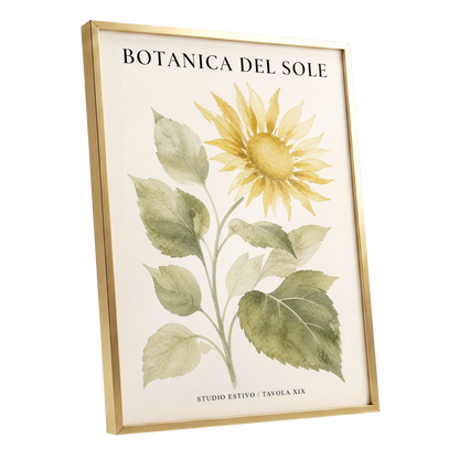 Sunlit Botanical, gold, green, beige floral wall art shown as a gold framed poster wall art print