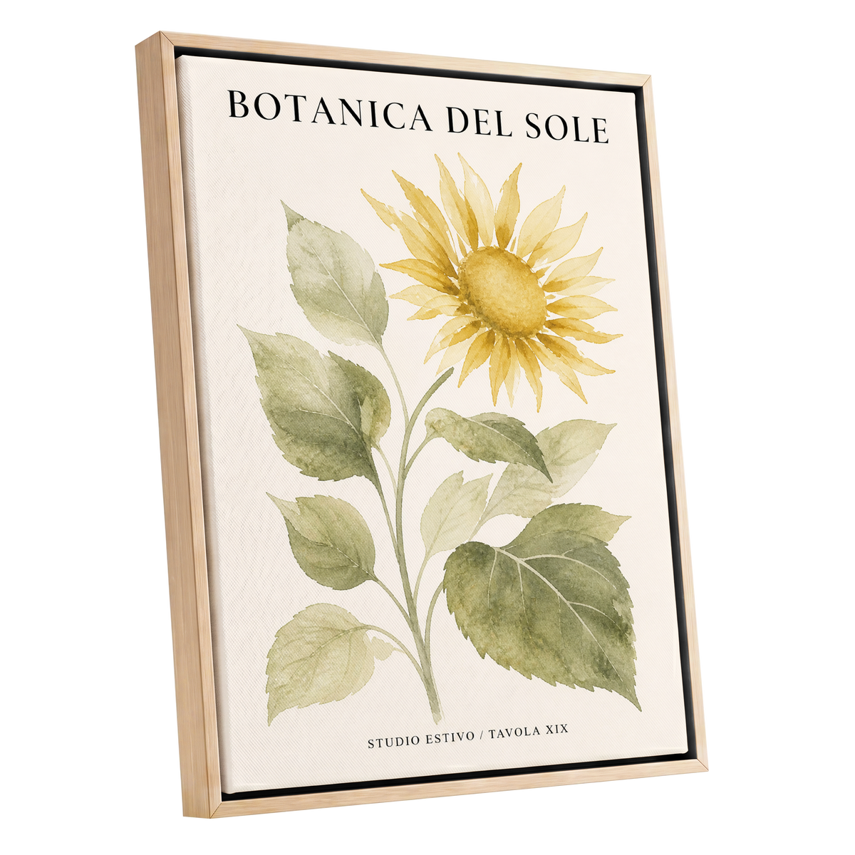 Sunlit Botanical, gold, green, beige floral wall art shown as a oak framed canvas wall art