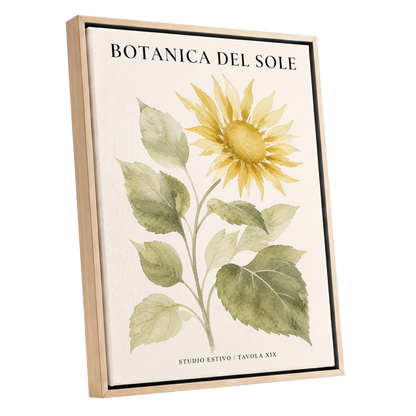 Sunlit Botanical, gold, green, beige floral wall art shown as a oak framed canvas wall art