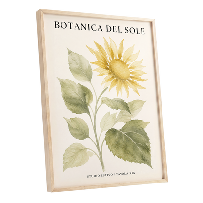 Sunlit Botanical, gold, green, beige floral wall art shown as a oak framed poster wall art print