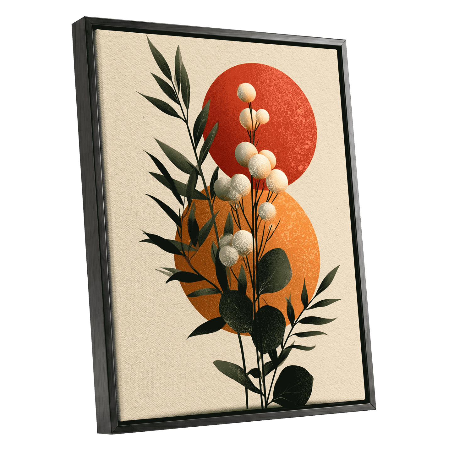 Sunlit Botanical Orbs, green, beige, white floral wall art shown as a black framed canvas wall art