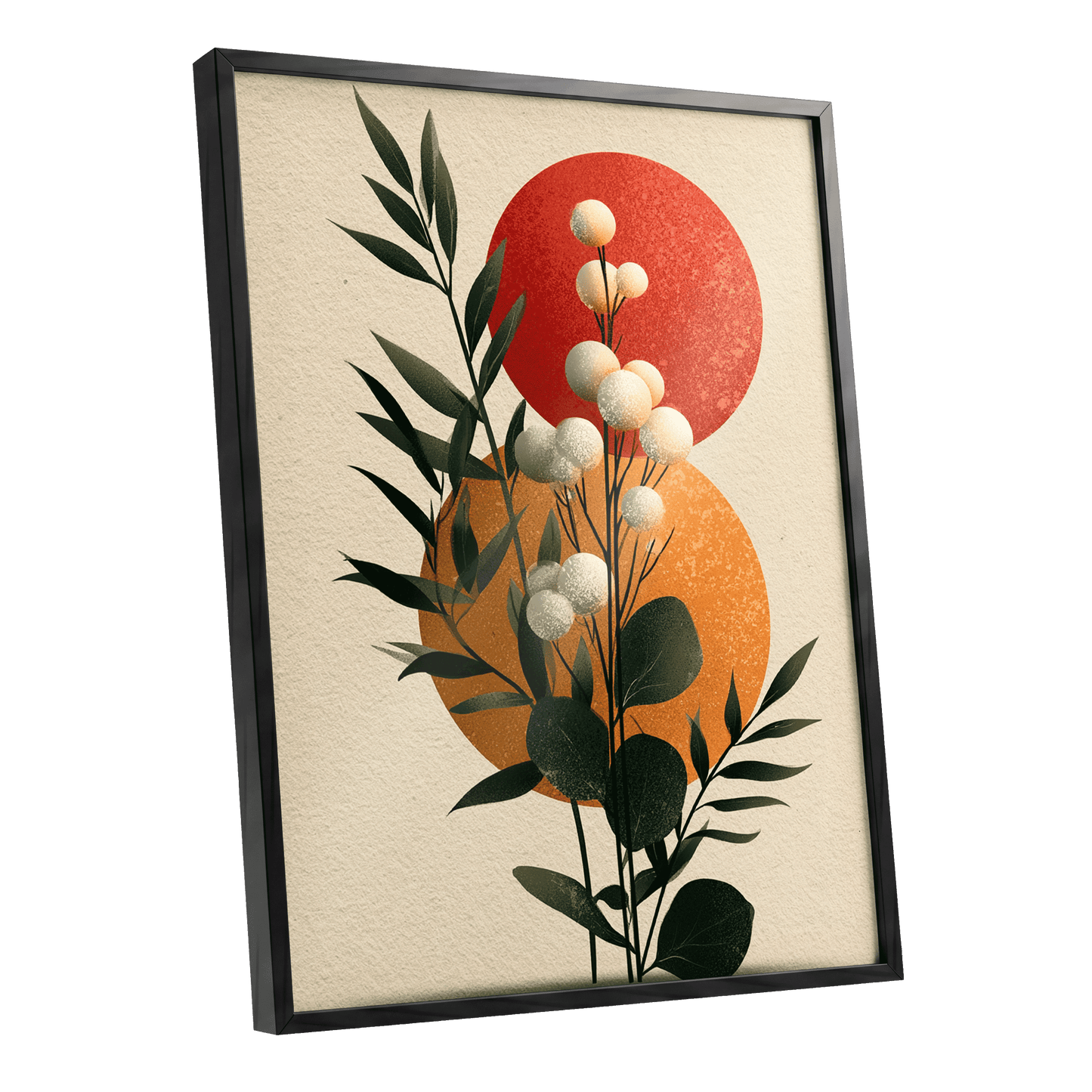 Sunlit Botanical Orbs, green, beige, white floral wall art shown as a black framed poster wall art print