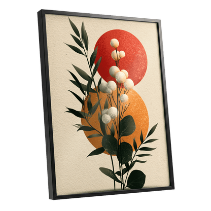 Sunlit Botanical Orbs, green, beige, white floral wall art shown as a black framed poster wall art print