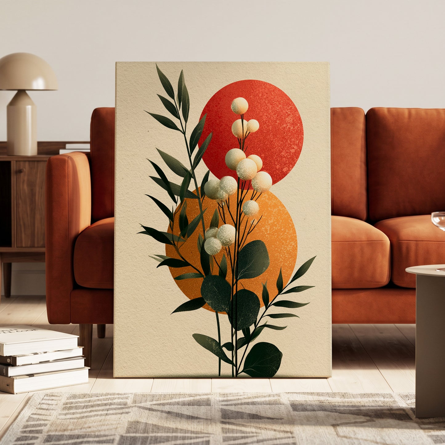 Sunlit Botanical Orbs, green, beige, white floral wall art on canvas displayed in a styled interior, gallery view 1