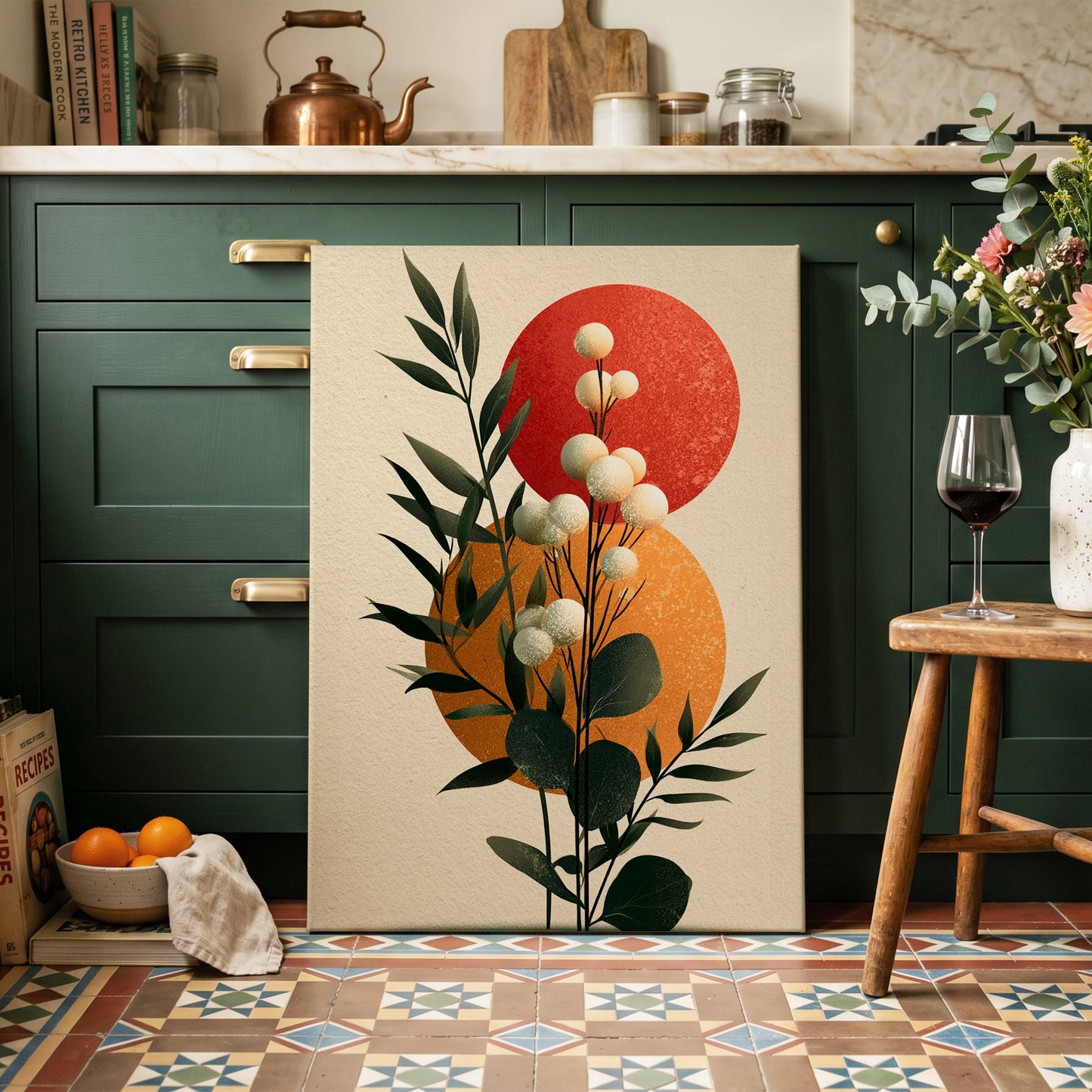 Sunlit Botanical Orbs, green, beige, white floral wall art on canvas displayed in a styled interior, gallery view 2