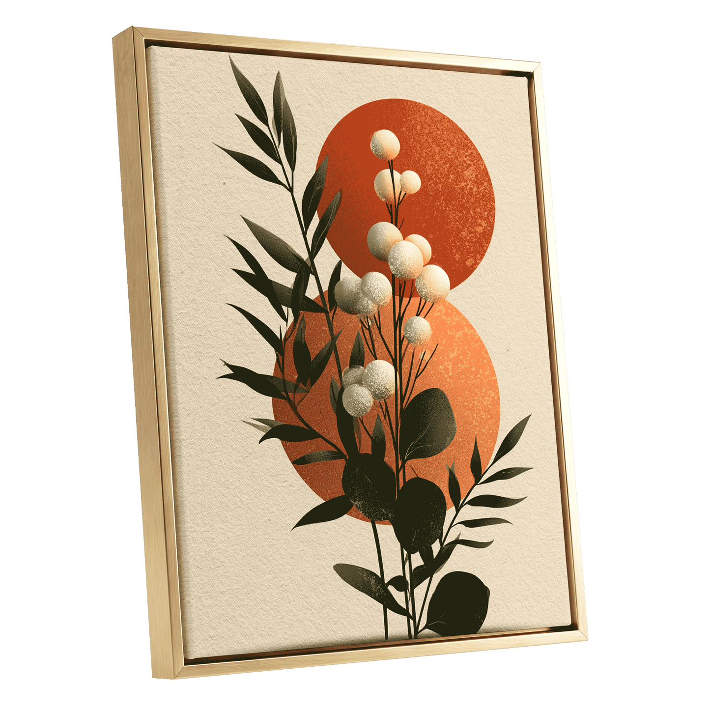 Sunlit Botanical Orbs, green, beige, white floral wall art shown as a gold framed canvas wall art