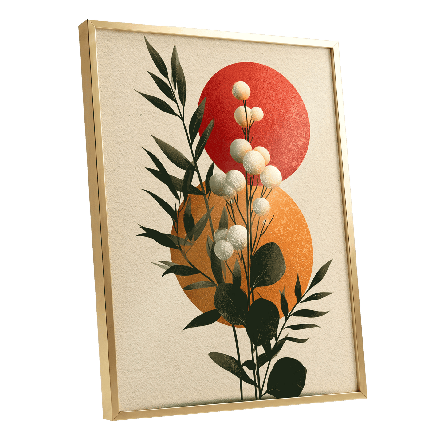 Sunlit Botanical Orbs, green, beige, white floral wall art shown as a gold framed poster wall art print