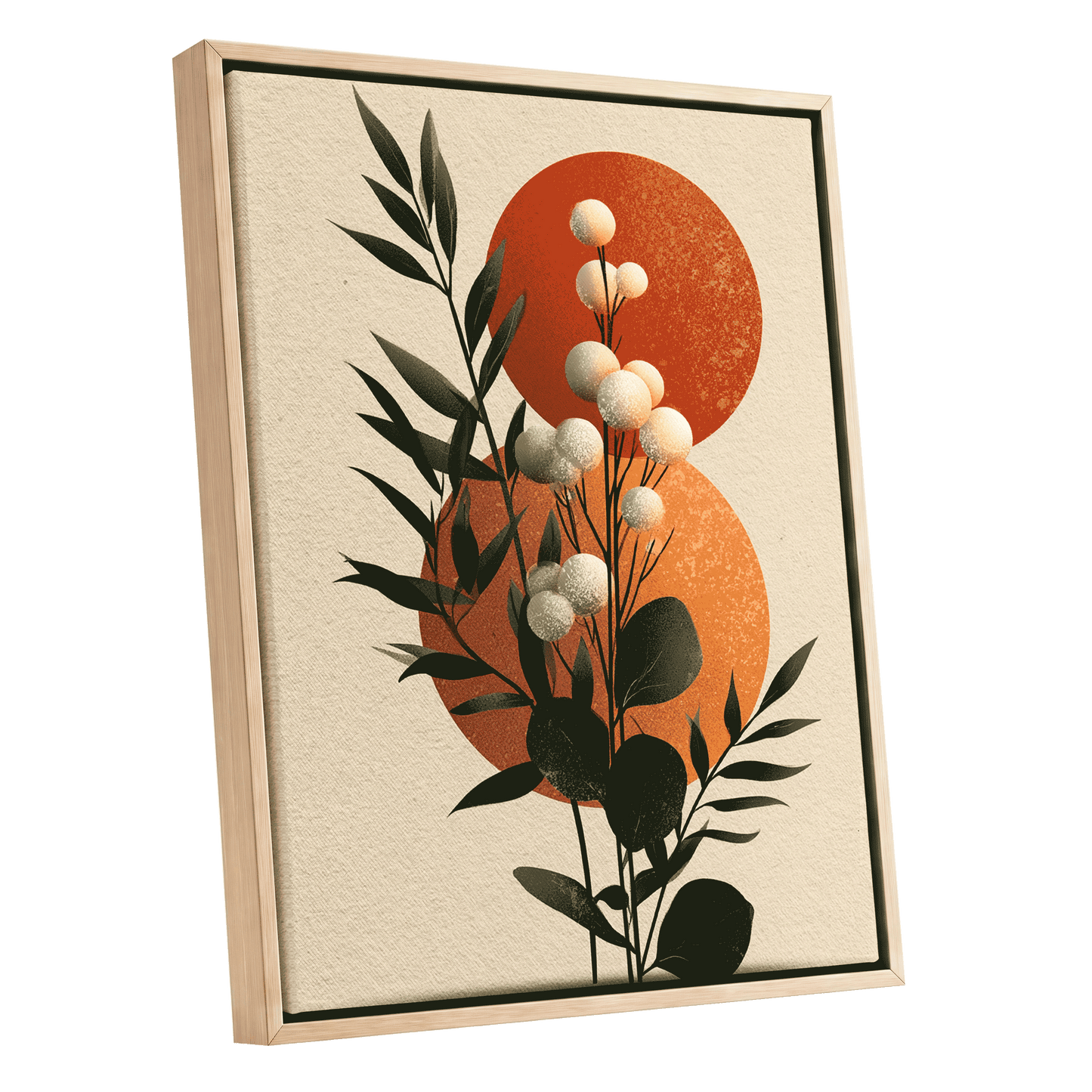 Sunlit Botanical Orbs, green, beige, white floral wall art shown as a oak framed canvas wall art