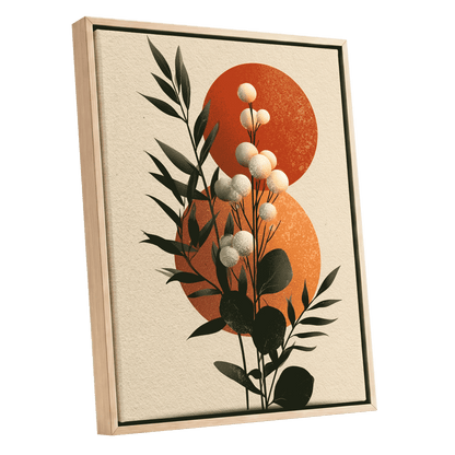 Sunlit Botanical Orbs, green, beige, white floral wall art shown as a oak framed canvas wall art