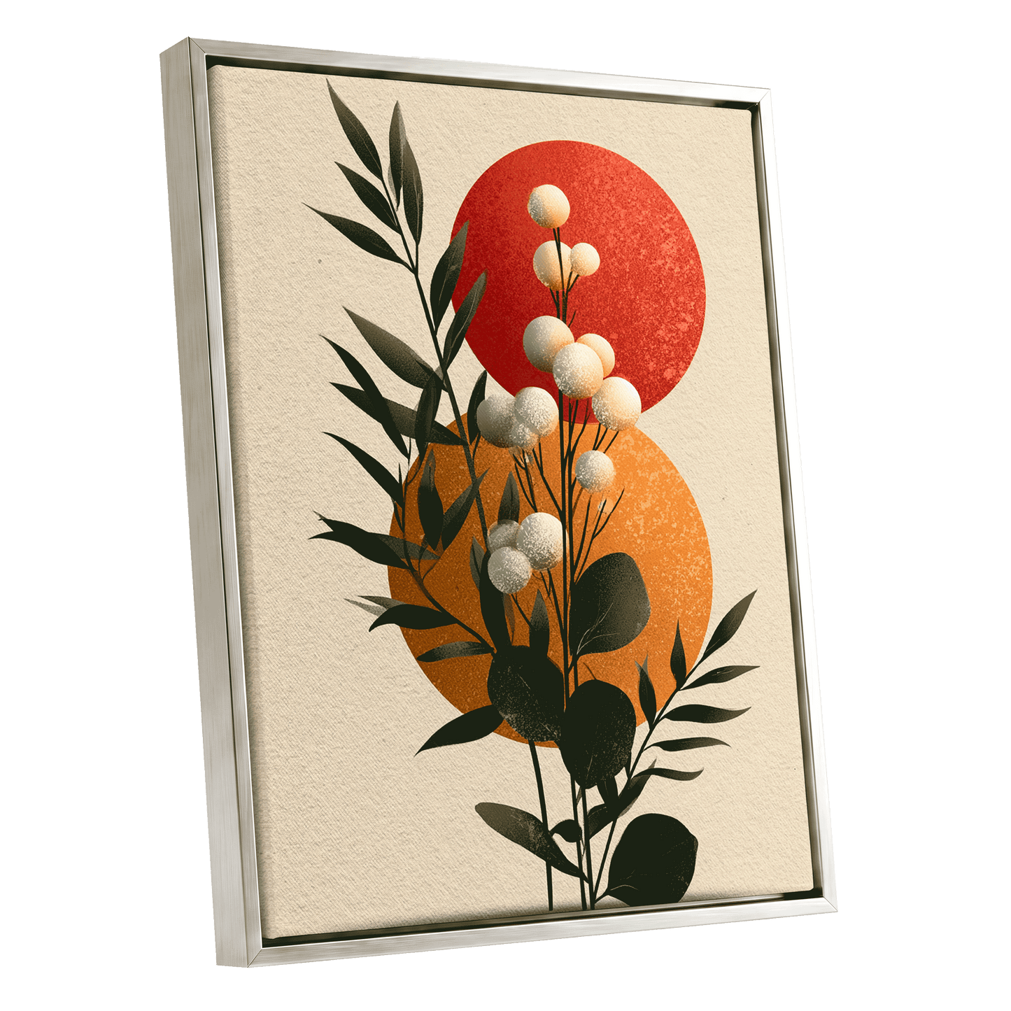 Sunlit Botanical Orbs, green, beige, white floral wall art shown as a silver framed canvas wall art