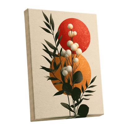 Sunlit Botanical Orbs, green, beige, white floral wall art shown as a stretched canvas wall art
