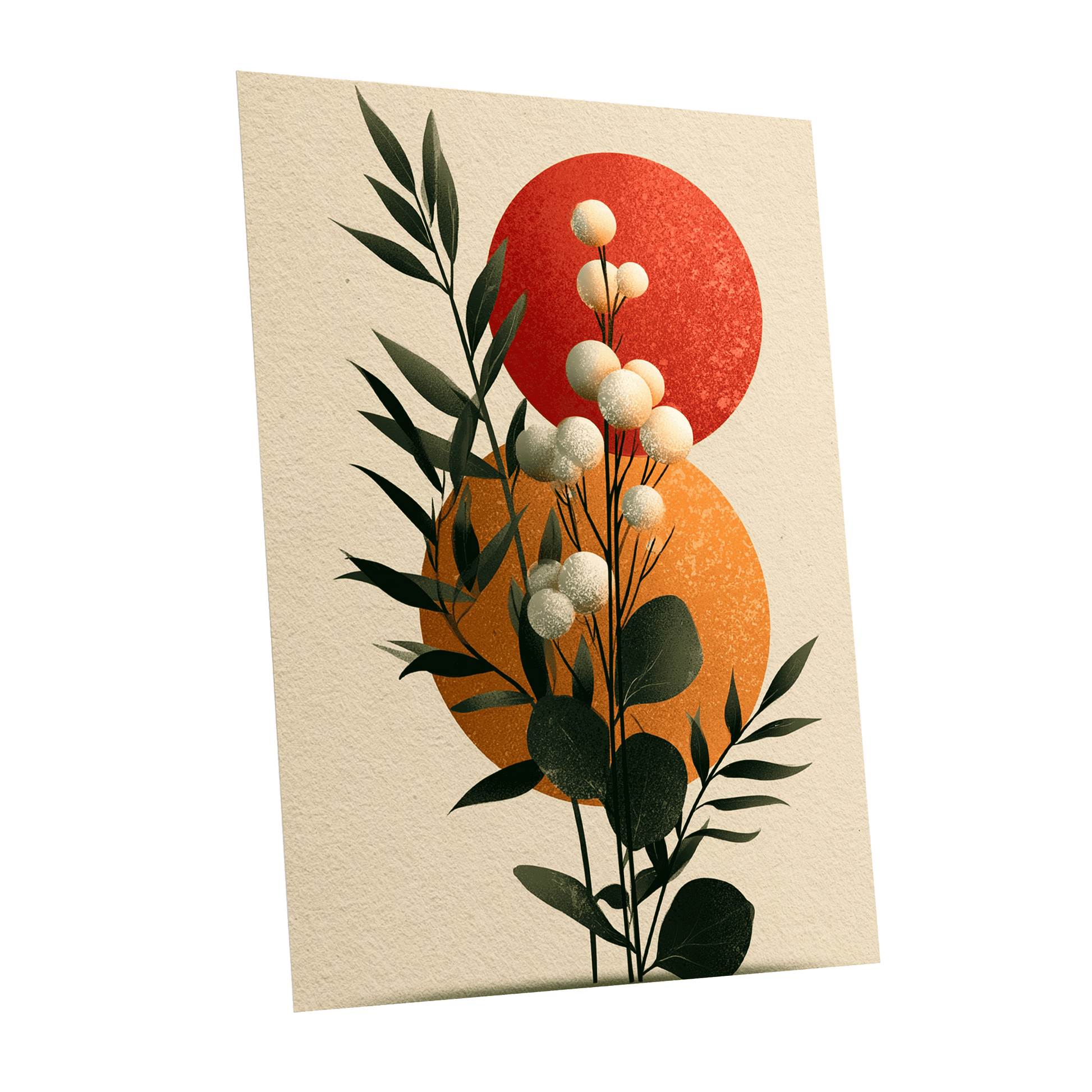 Sunlit Botanical Orbs, green, beige, white floral wall art shown as a unframed poster wall art print