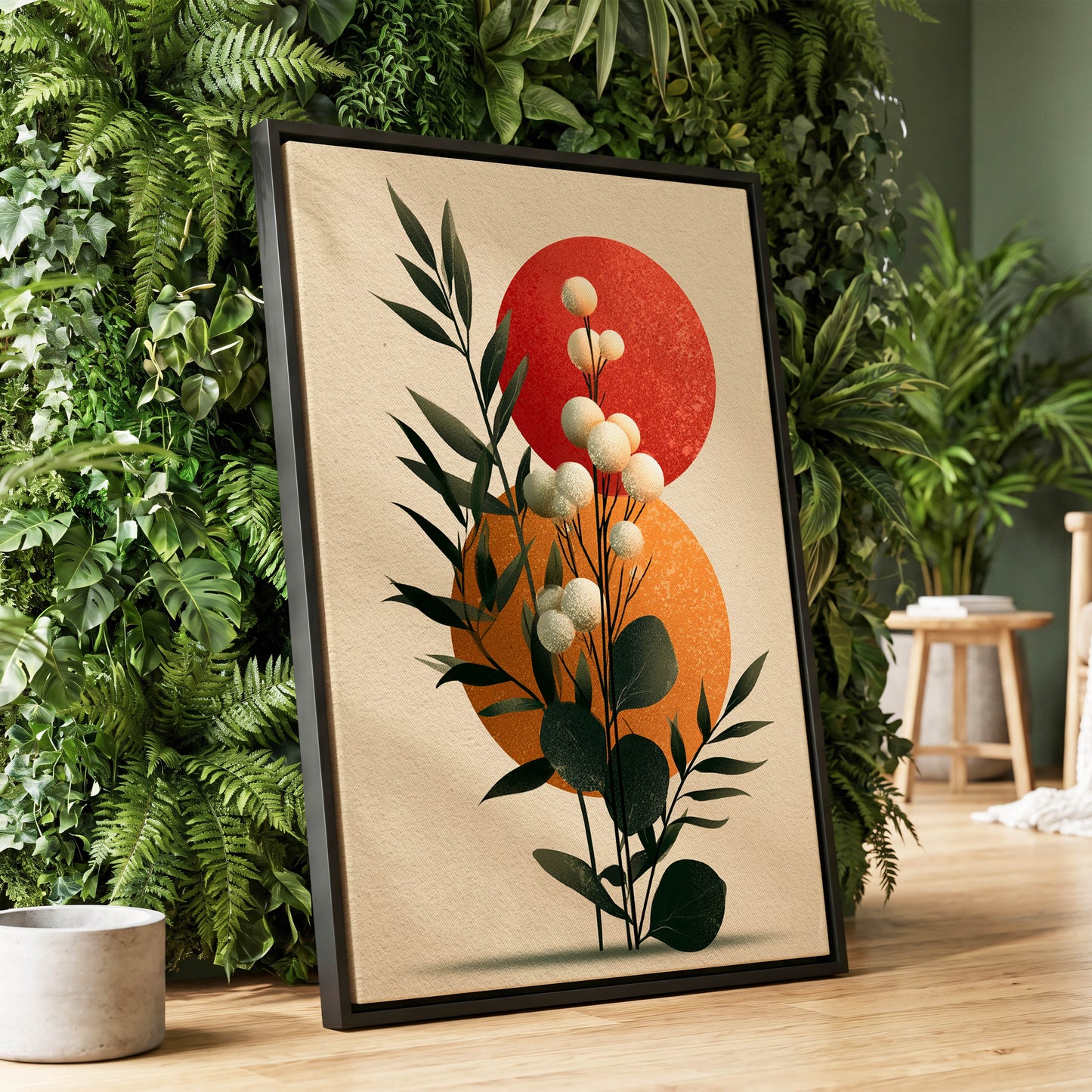 Sunlit Botanical Orbs, green, beige, white floral wall art displayed in a styled interior, gallery view 1
