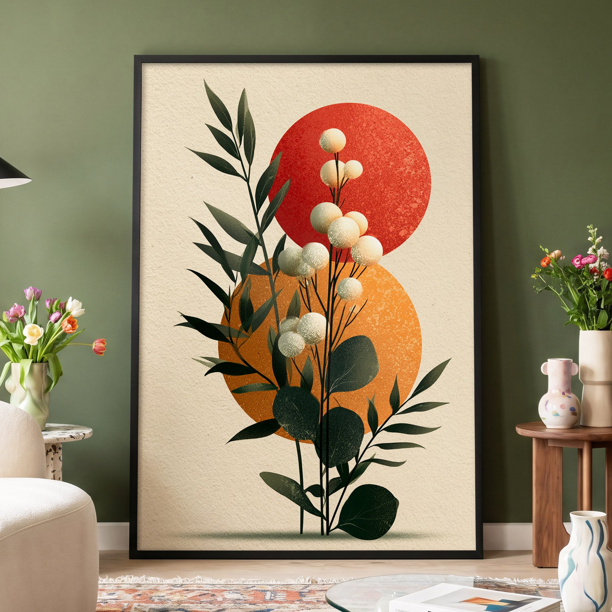 Sunlit Botanical Orbs, green, beige, white floral wall art displayed in a styled interior, gallery view 4