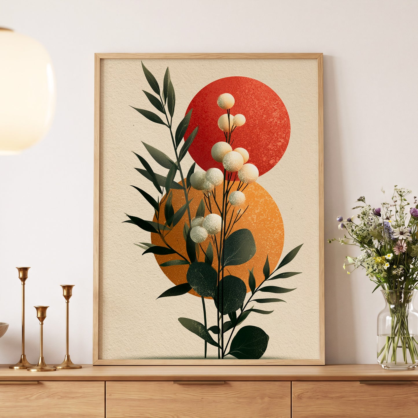 Sunlit Botanical Orbs, green, beige, white floral wall art displayed in a styled interior, gallery view 5